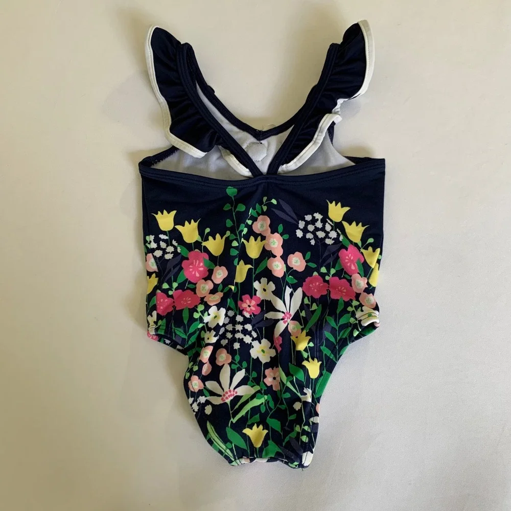 Janie and Jack Swimsuit Navy‎ Blue Floral Ruffle Baby Girl 12-18 Months Preppy